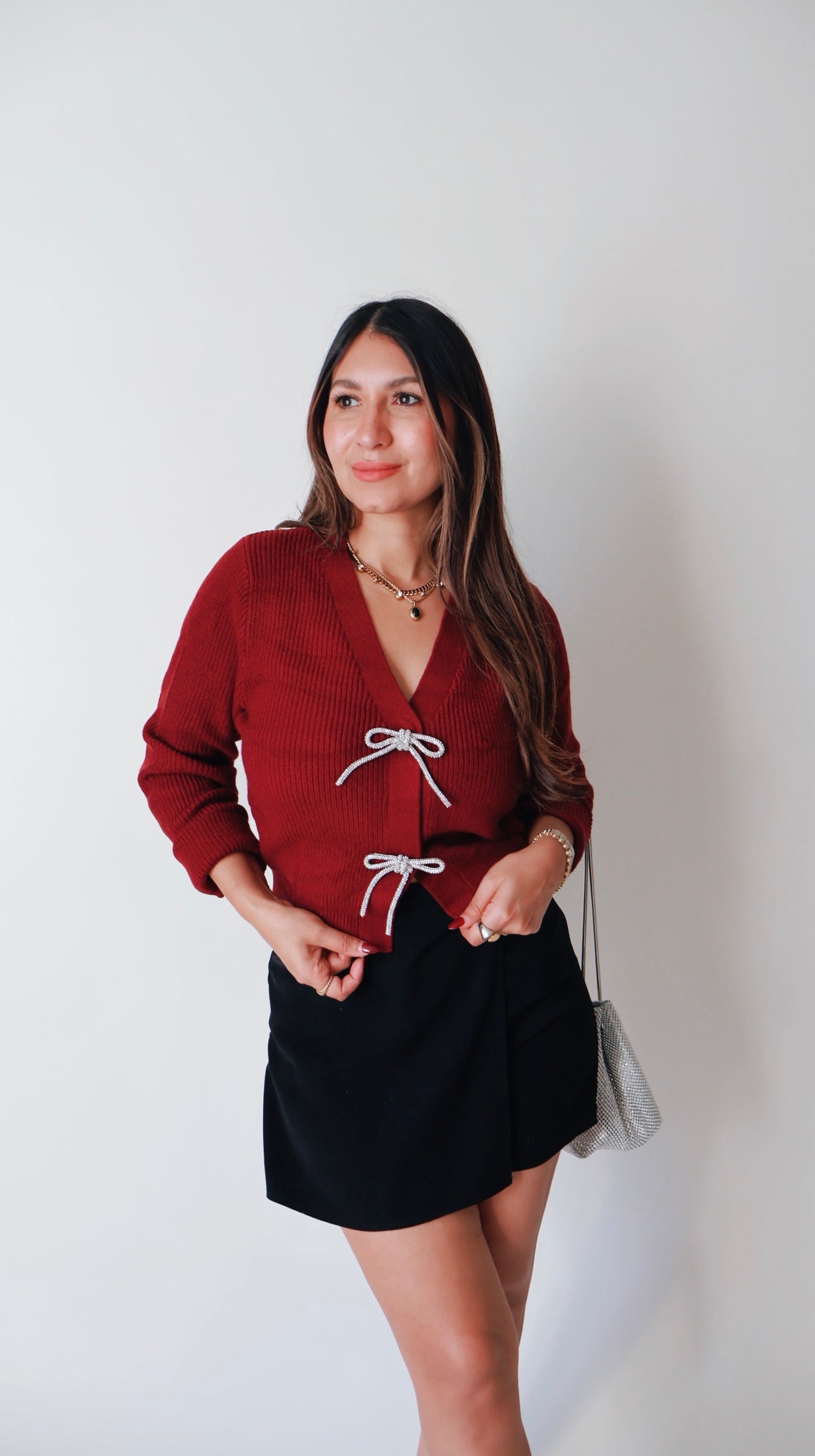 Jewel Bow Burgandy Cardigan