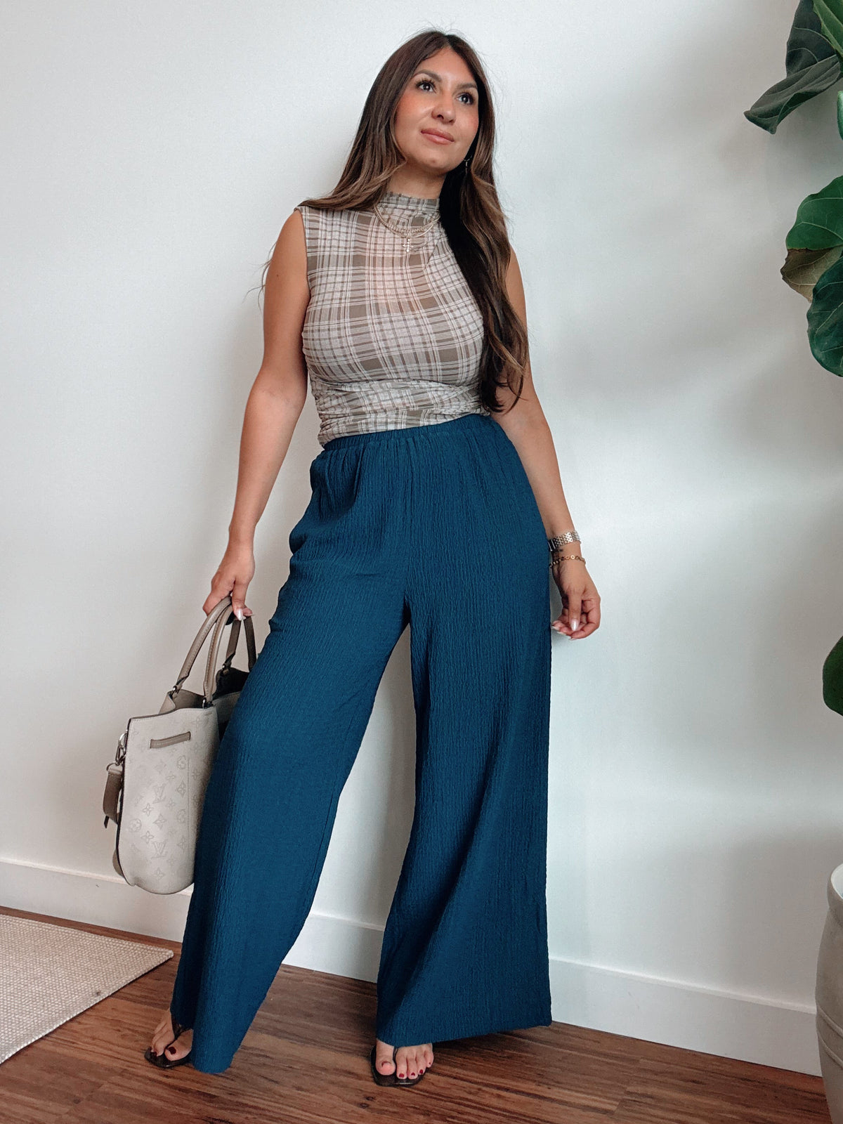 Navy Textured Wide Legs