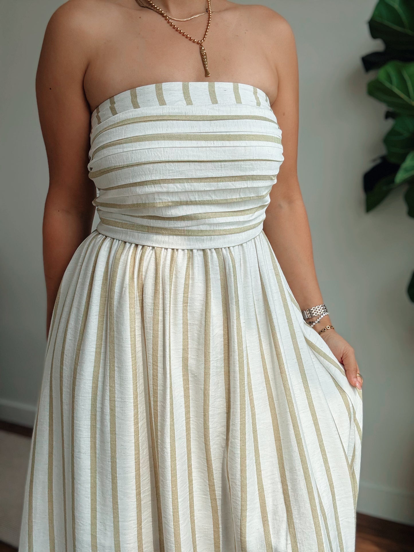 Sage Strapless Striped Dress