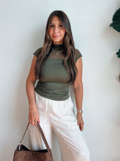 Olive Sheer Mock Neck