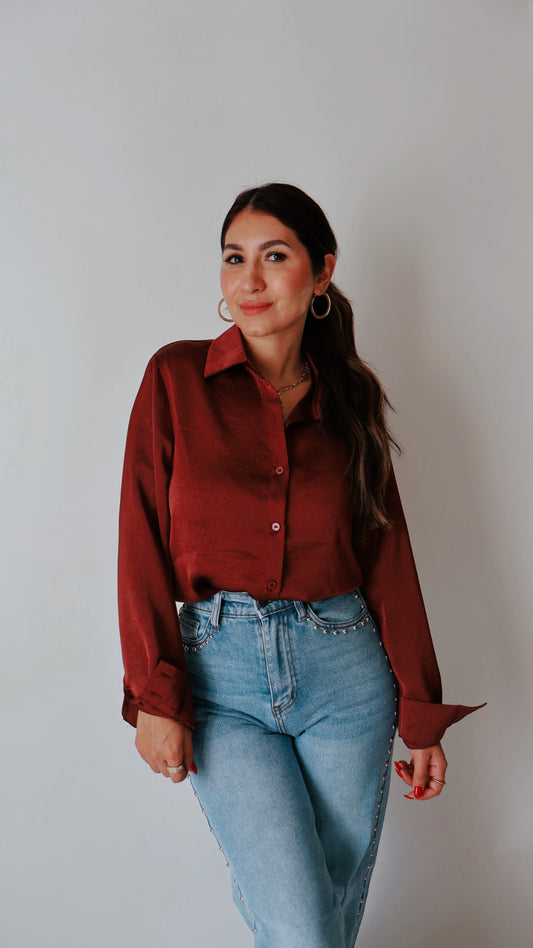 Merlot Button Down Satin Blouse