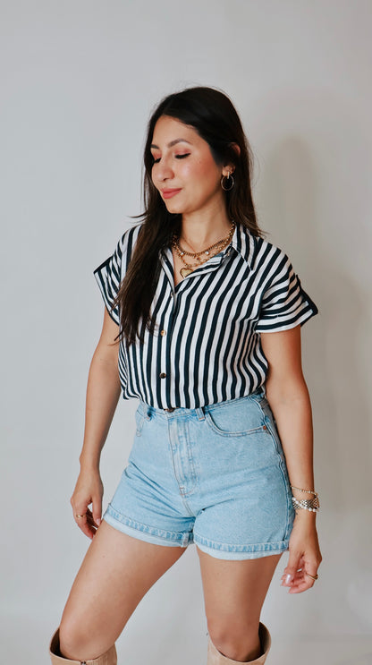 Navy Linen Striped Blouse