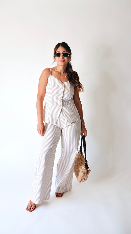 Tan Striped Linen Tank Vest