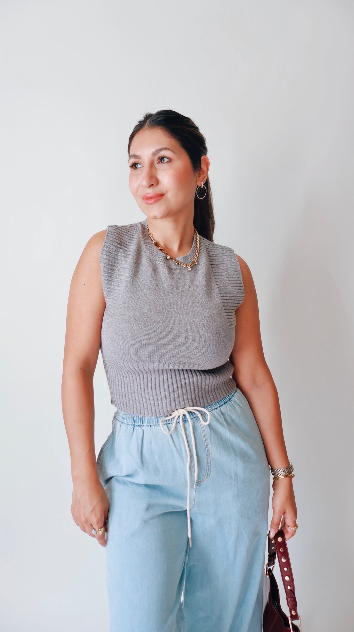 Gray Cutout Back Crop Top