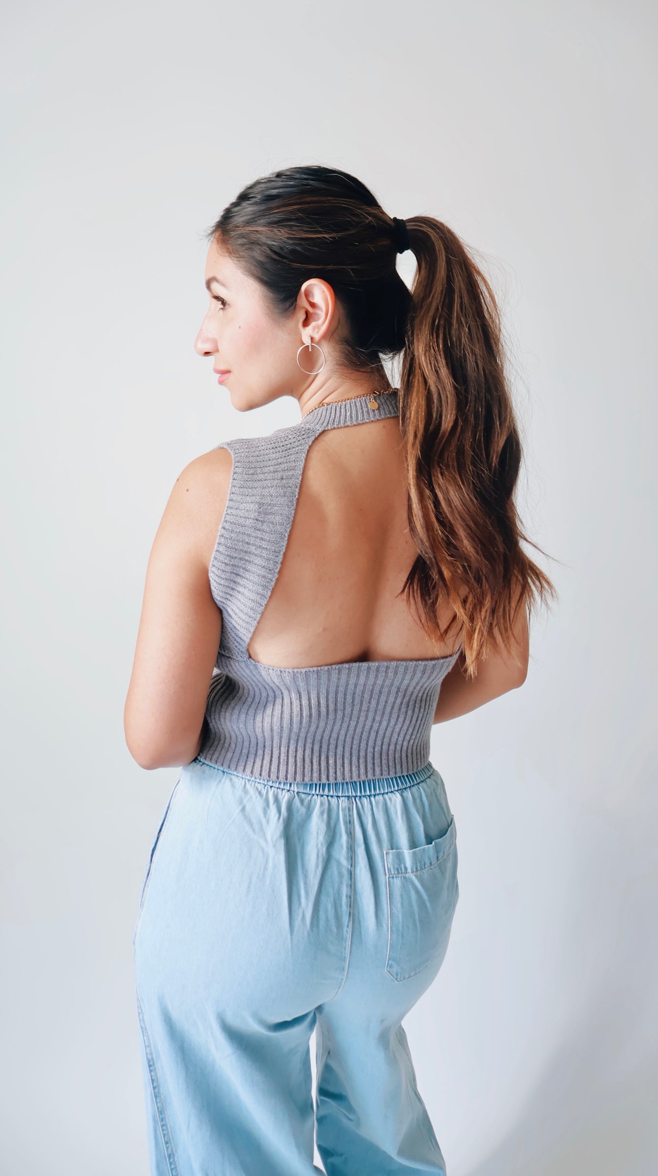 Gray Cutout Back Crop Top