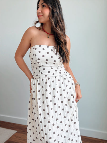 Linen Strapless Polka Dot Dress