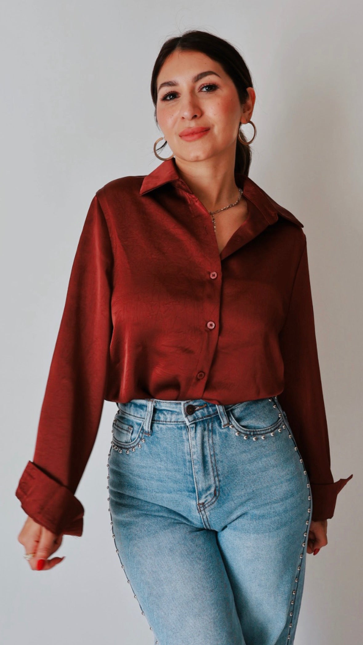 Merlot Button Down Satin Blouse