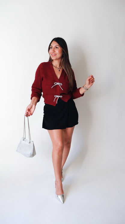 Jewel Bow Burgandy Cardigan