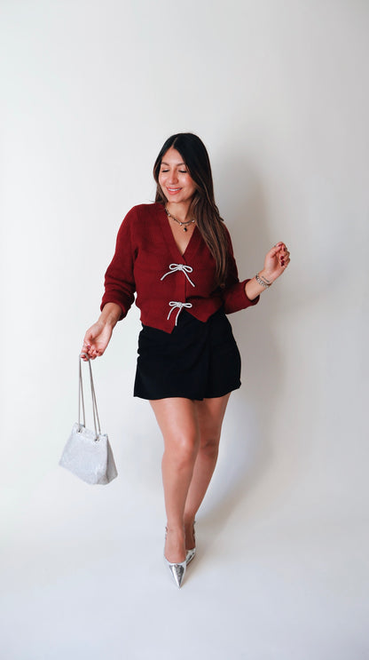 Jewel Bow Burgandy Cardigan