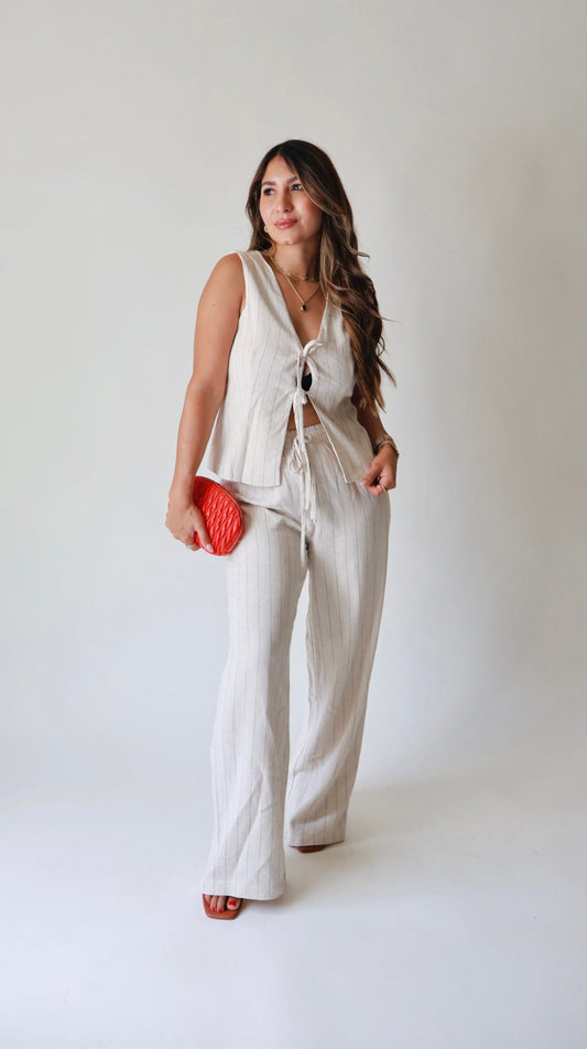Oatmeal Pinstriped Linen Pants