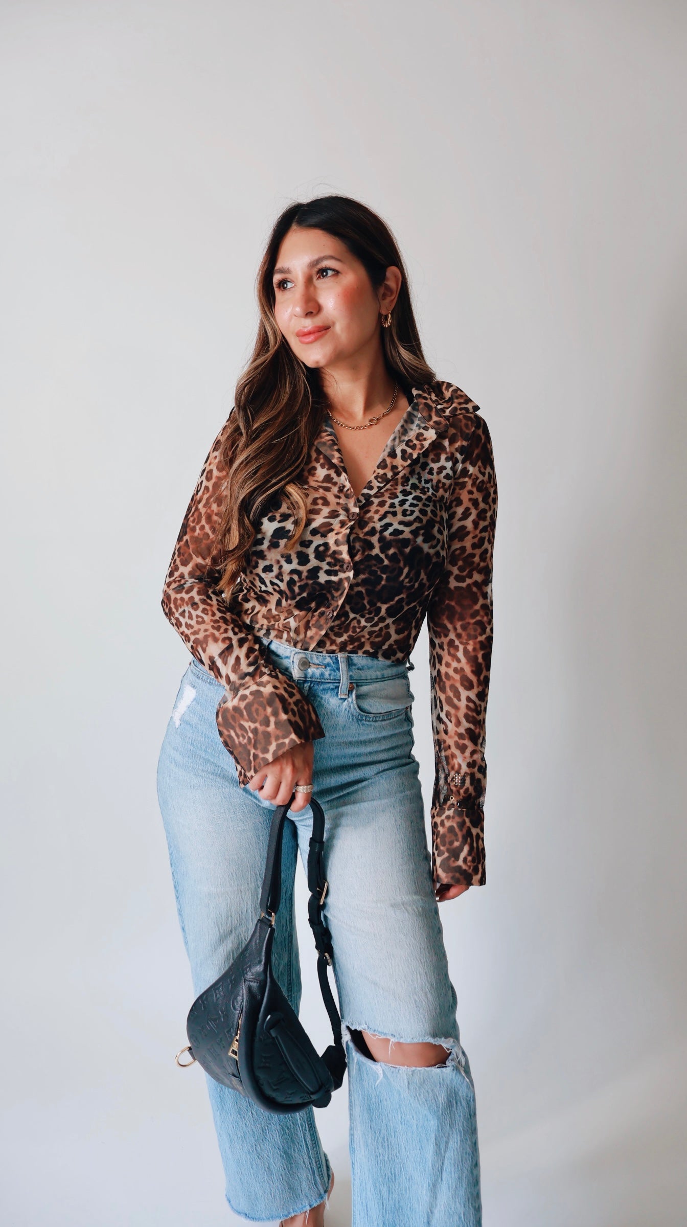 Collared Leopard Mesh Top