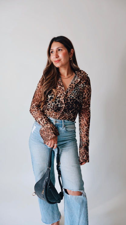 Collared Leopard Mesh Top
