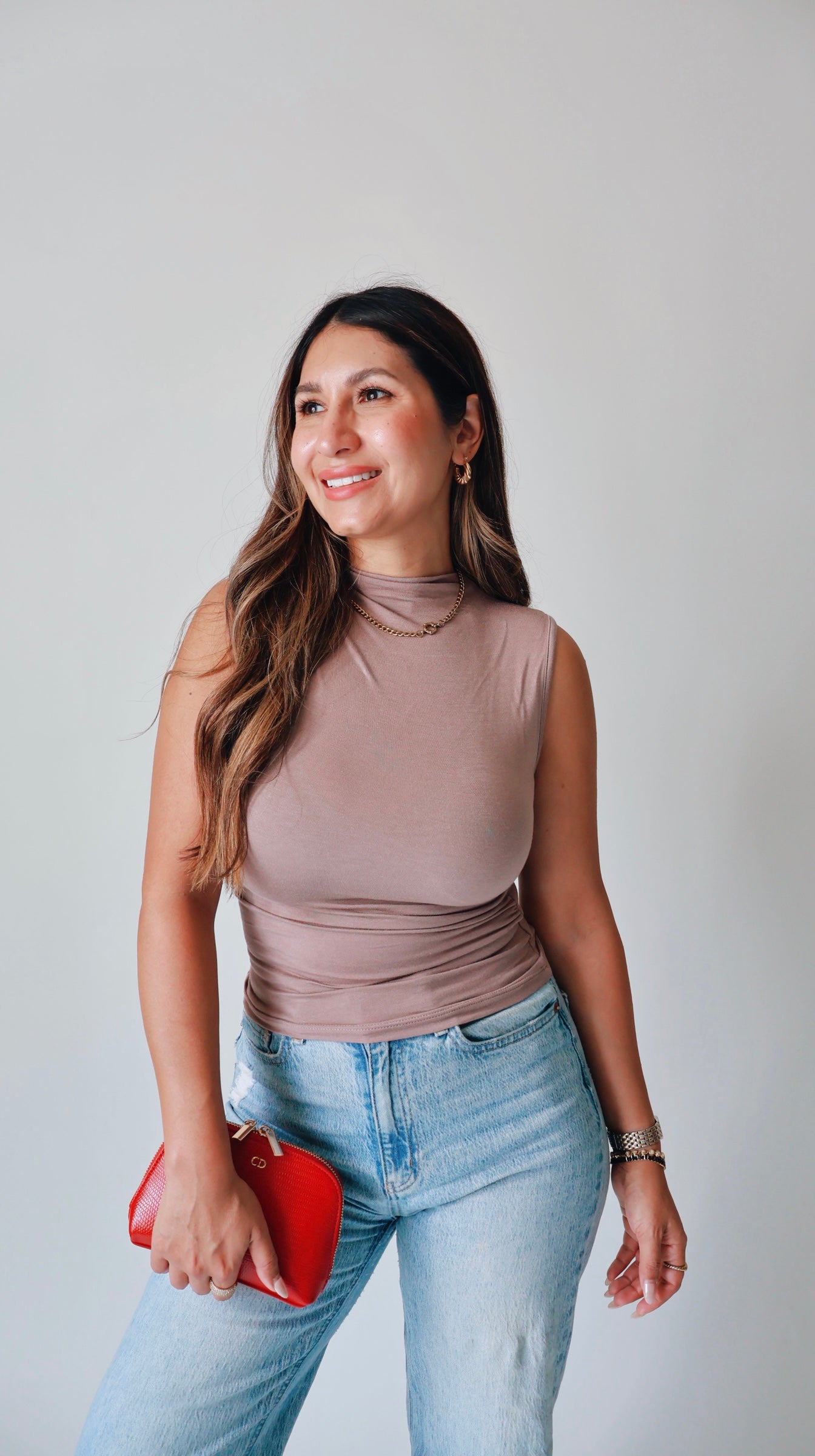 Mock Neck Ruched Mocha Top-  Mocha/Taupe