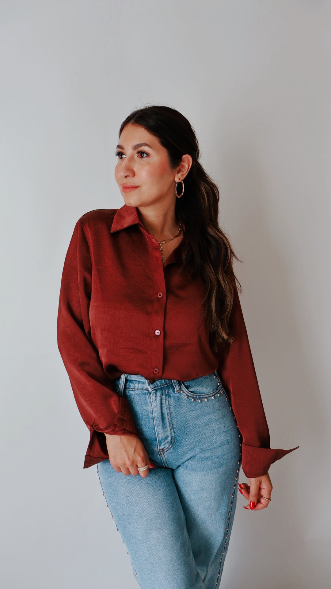 Merlot Button Down Satin Blouse