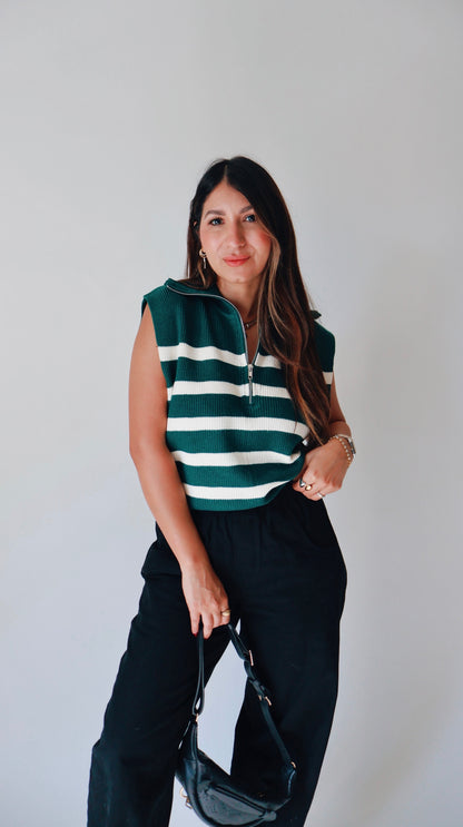 Striped Knit Half Zip Sweater Vest