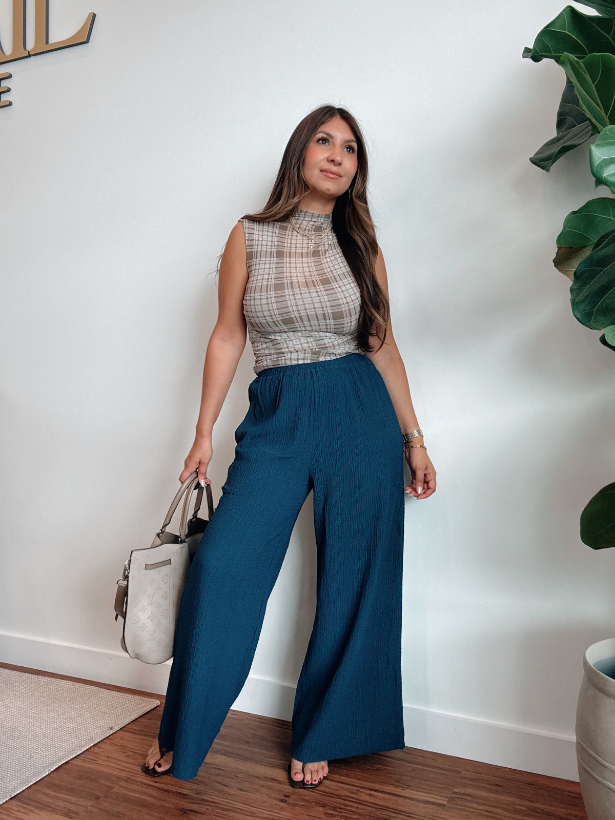 Plaid Sheer Mock Neck