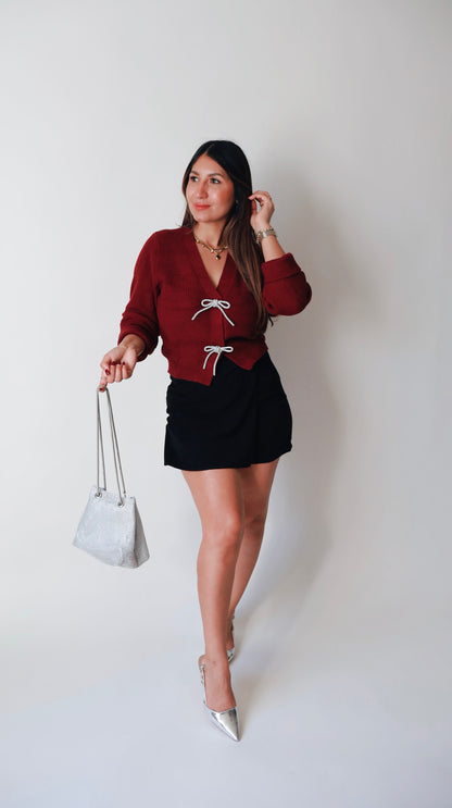 Jewel Bow Burgandy Cardigan