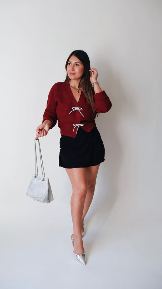 Jewel Bow Burgandy Cardigan