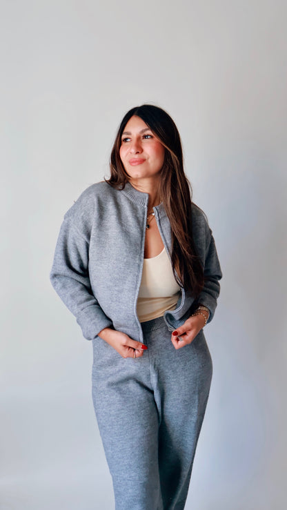 Gray Knit Zip Up Sweater Cardigan