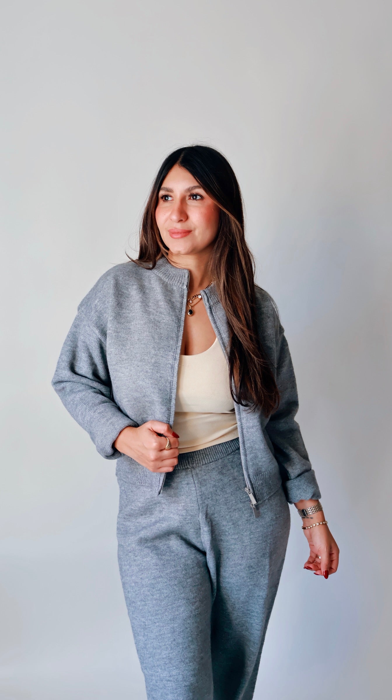 Gray Knit Zip Up Sweater Cardigan