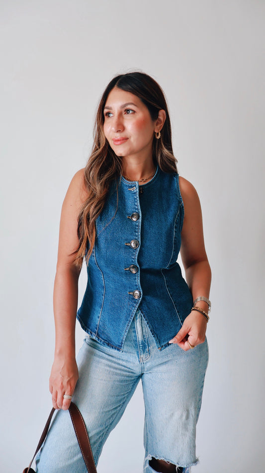 Fitted Button Down Denim Vest