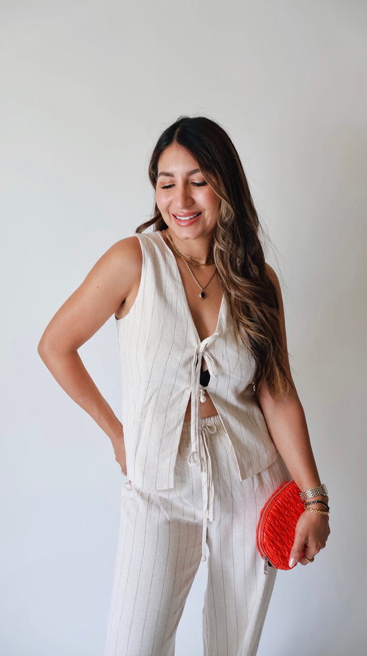 Oatmeal Pinstriped Linen Vest