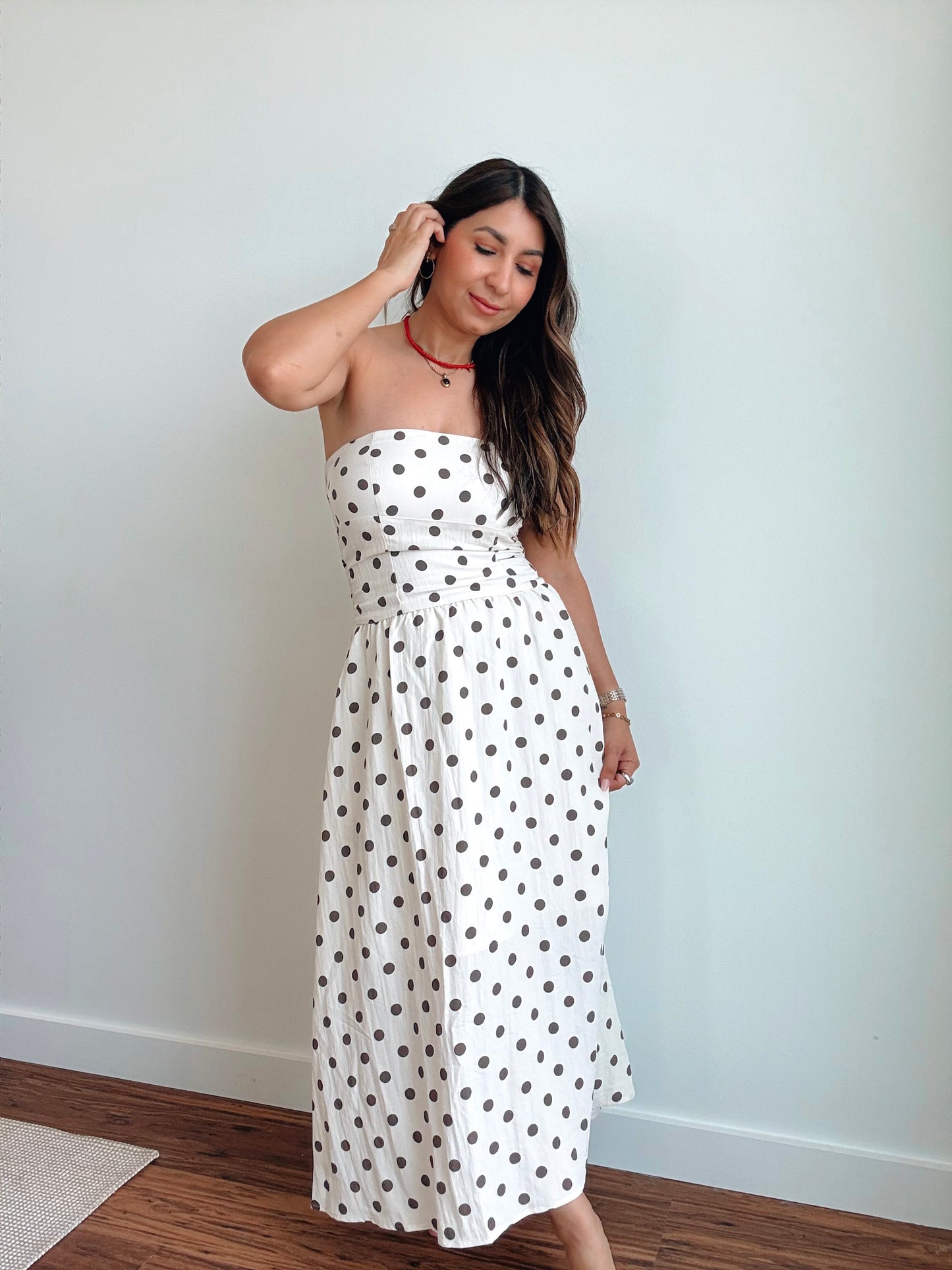 Linen Strapless Polka Dot Dress