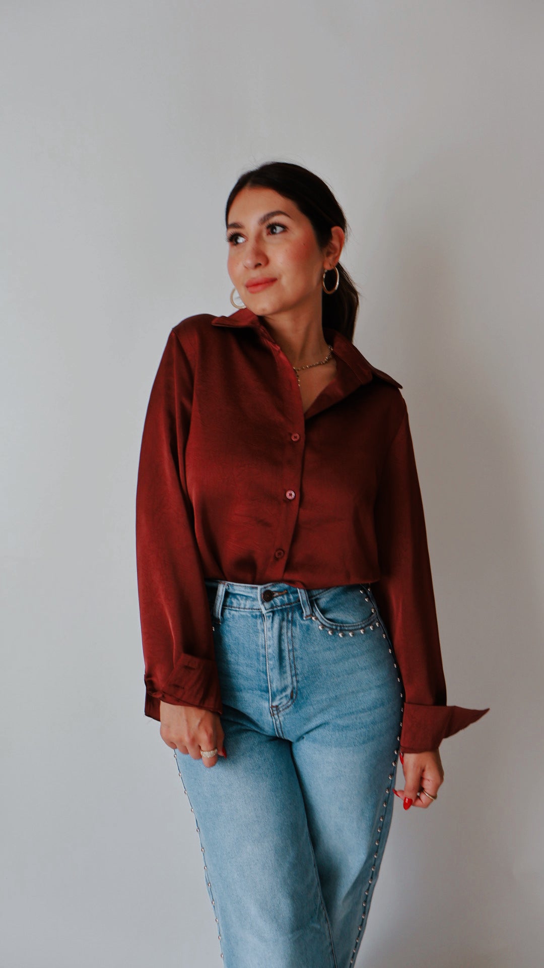 Merlot Button Down Satin Blouse