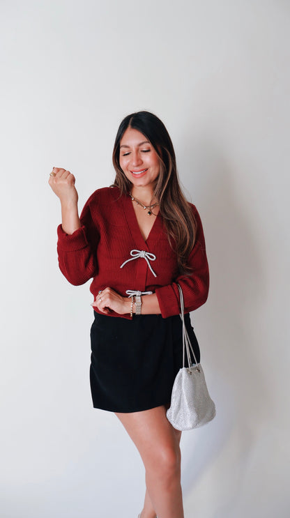 Jewel Bow Burgandy Cardigan