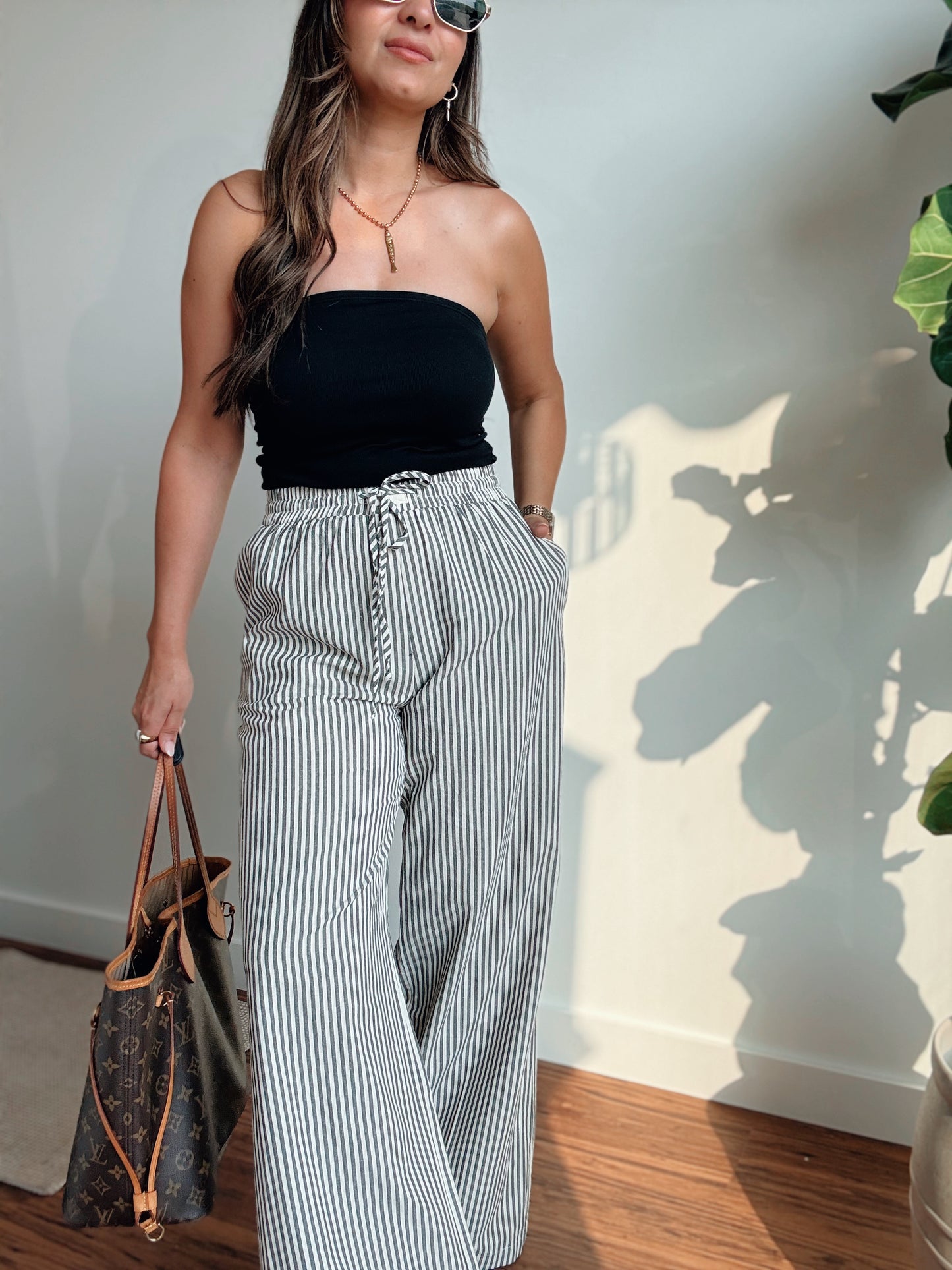 Black Charcoal Striped Linen Pants
