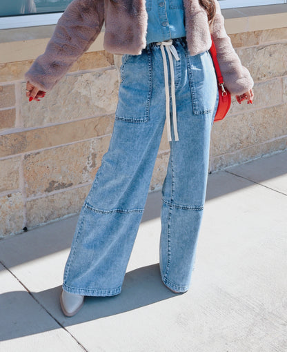 Dakota Wide-Leg Denim Drawstring Pants