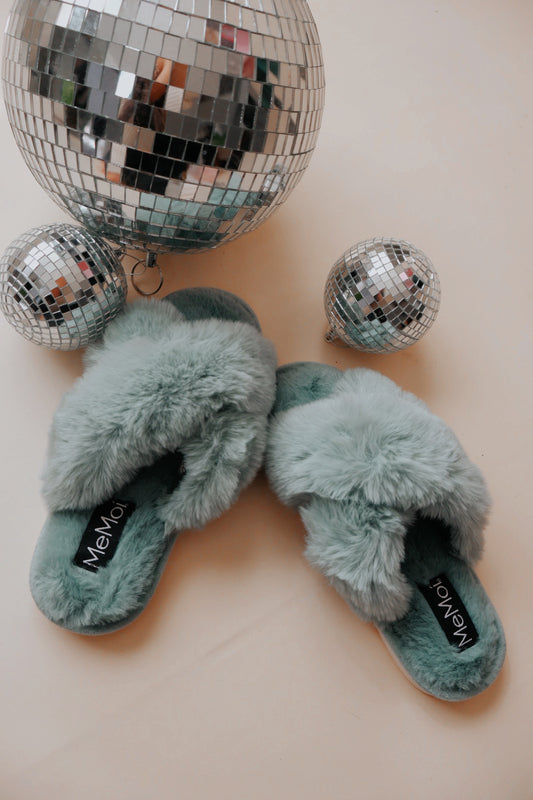 Luna Teal Fuzzy Slippers