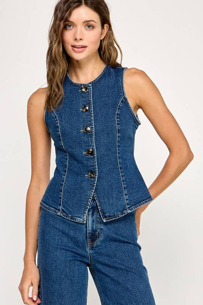 Fitted Button Down Denim Vest