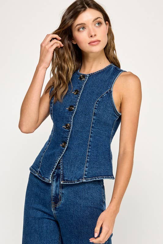 Fitted Button Down Denim Vest
