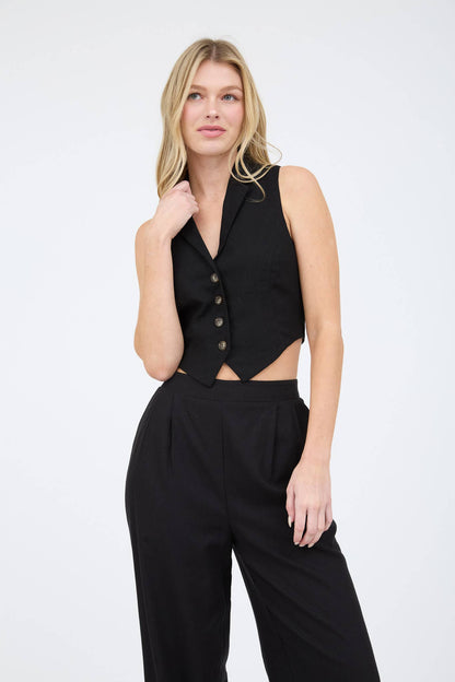 Collared Black Linen Vest