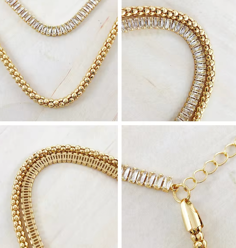 Tennis and Popcorn 2 Strand- Stainless steel 14K gold Necklace