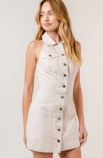 Cream Denim Halter Mini Dress