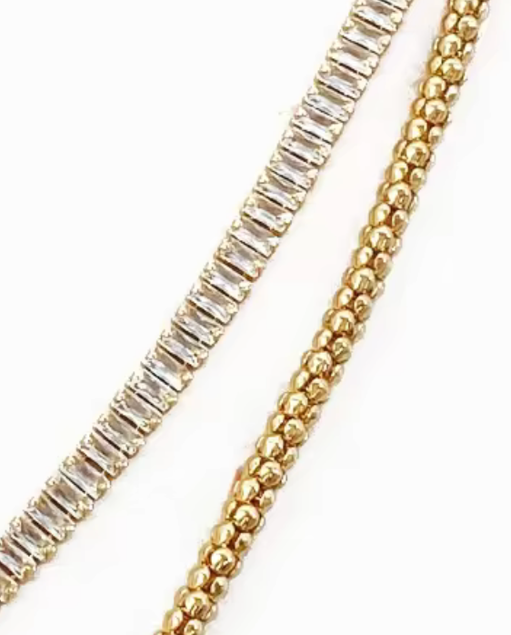 Tennis and Popcorn 2 Strand- Stainless steel 14K gold Necklace