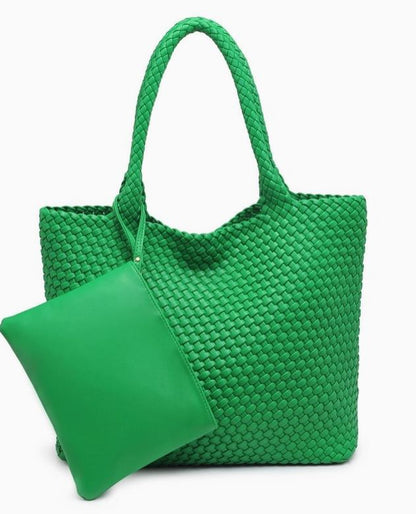 Solana Woven Vegan Leather Tote In Kelly Green